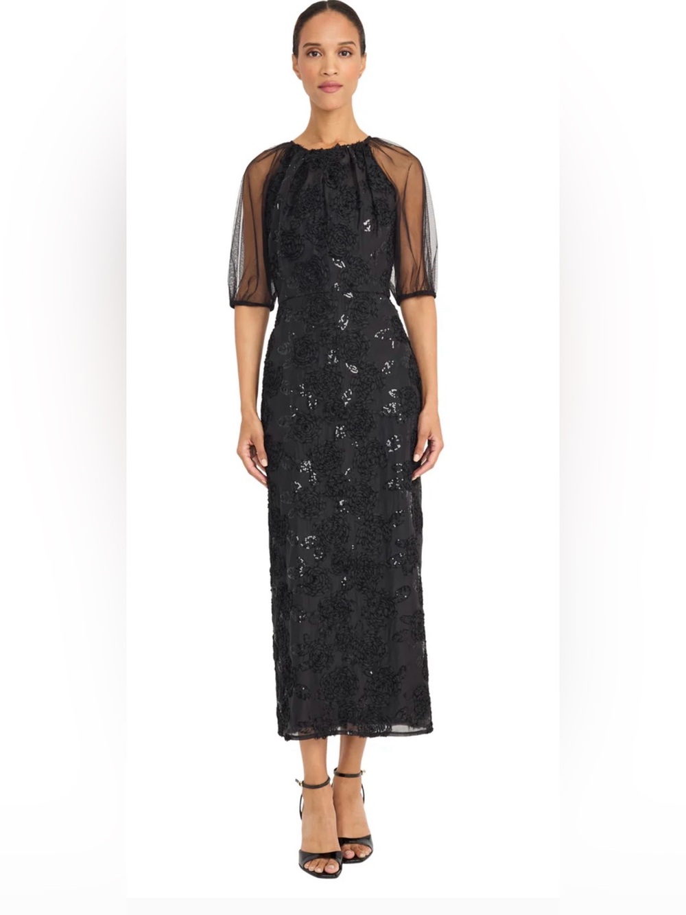Maggy London Black Sequin Floral Gown / Dress with Sheer Elbow Sleeves sz 18 NWT